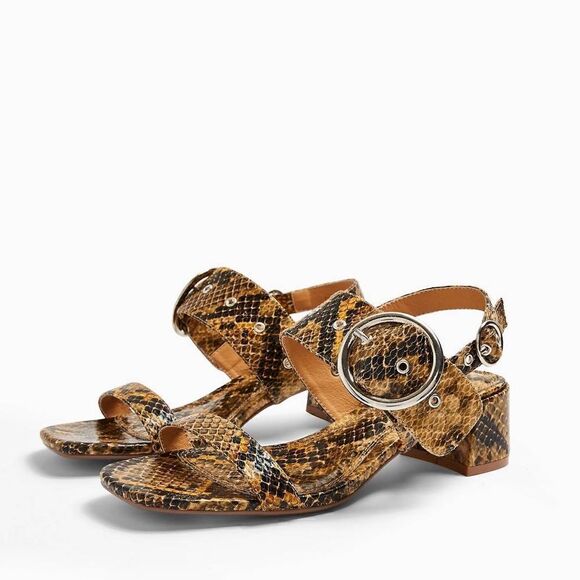 Topshop Sz 8.5 Tan NWT Snake Dakota Block 2” Heel Large Buckle Sandals - Picture 1 of 12